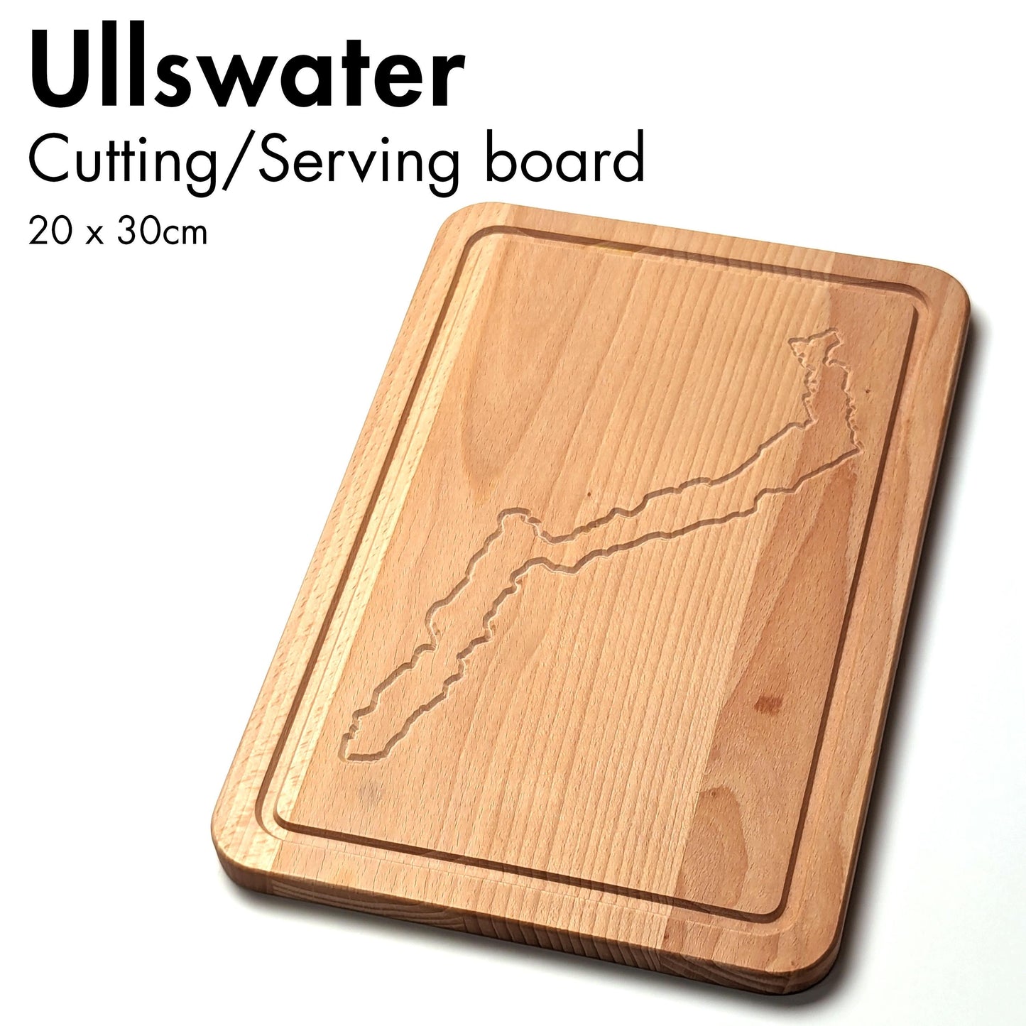 Cutting board engraved with the outline of Ullswater. The text on the image says Cutting/Serving board, 20x30 cm.
