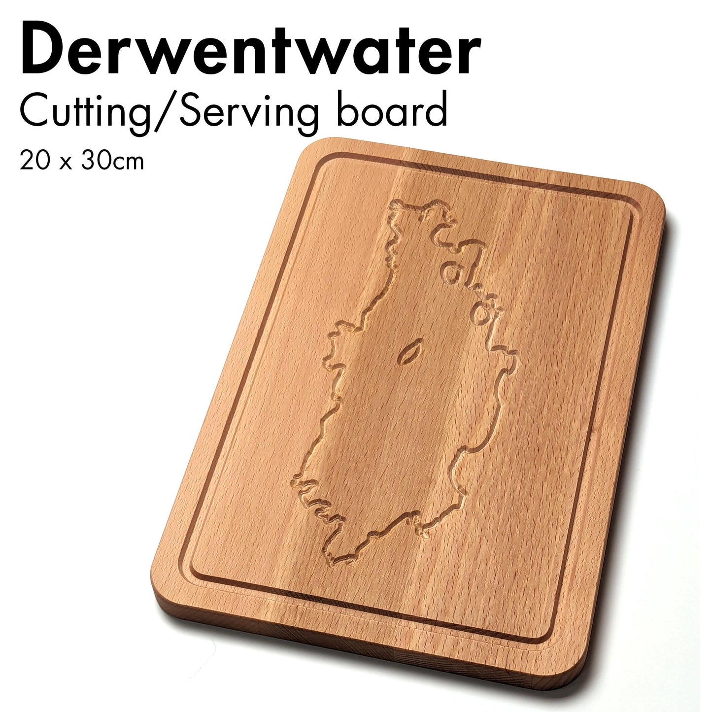 Cutting board engraved with the outline of Derwentwater. The text on the image says Cutting/Serving board, 20x30 cm.